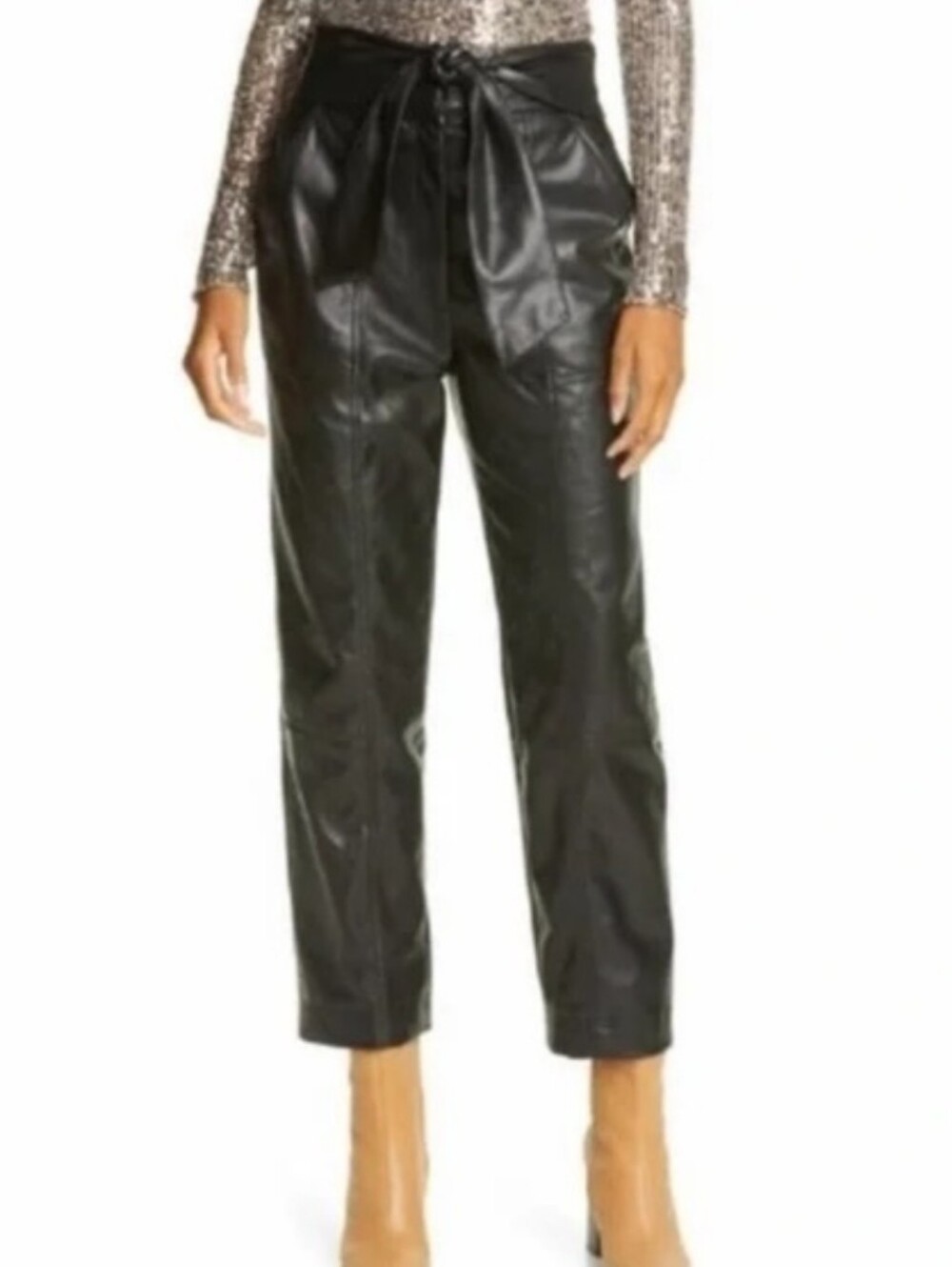 Joie Black Vegan Leather Tie High Waist Tummy Control Cropped Pants Size M NWOT